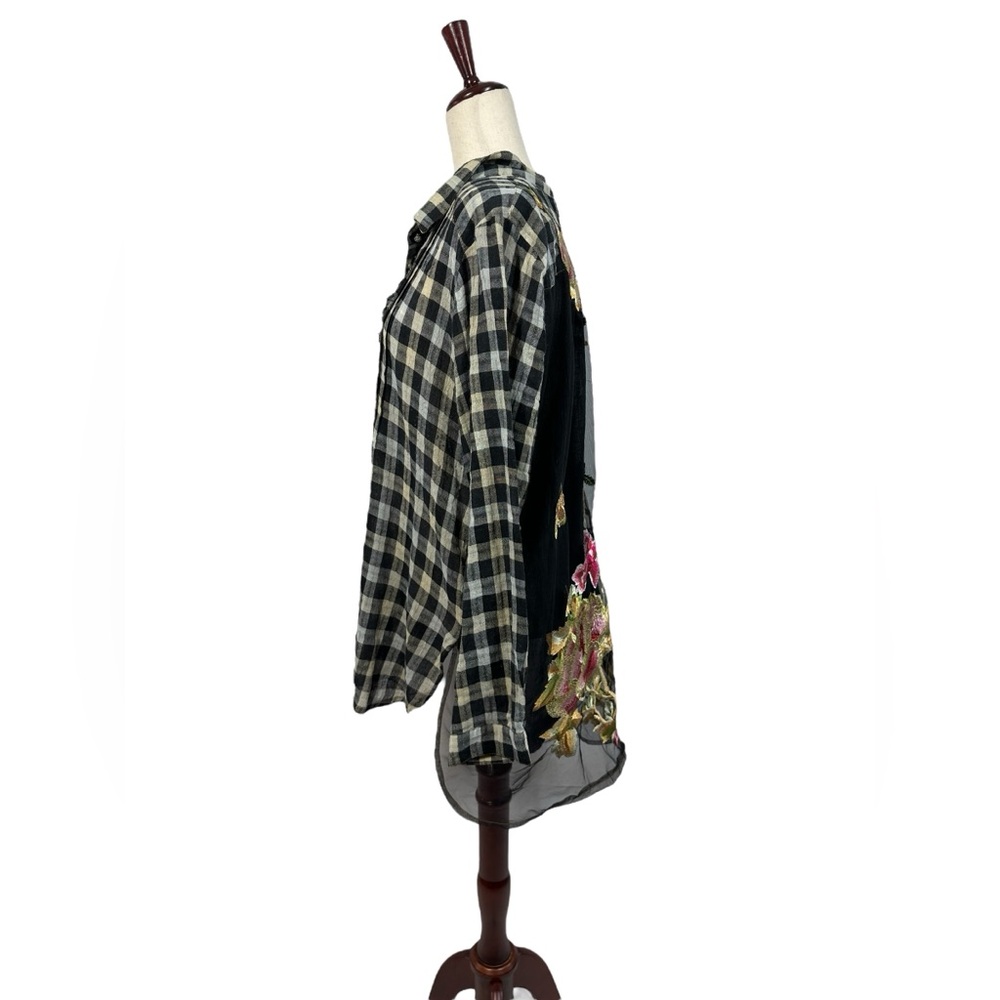 Plaid Button-Up Shirt with Embroidered Floral Back - Black, Cream